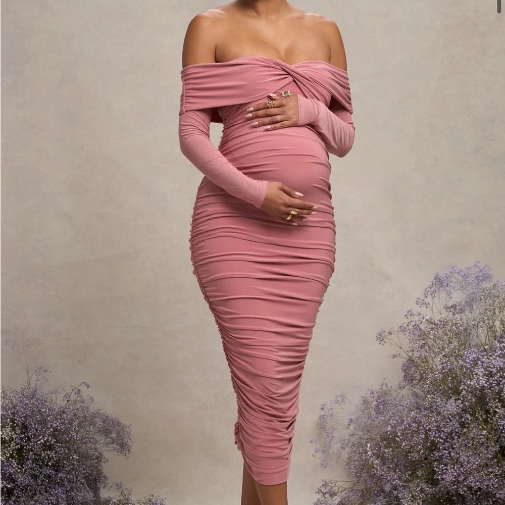 Club L London Pink Ruched Off-Shoulder Midi Dress